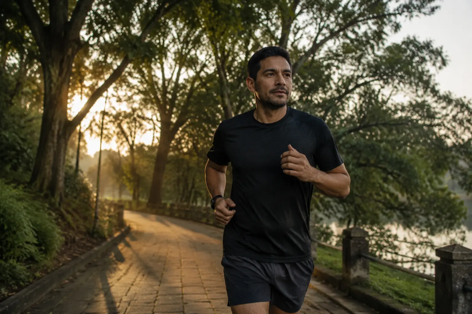 Hombre corre a ritmo moderado en un parque al amanecer