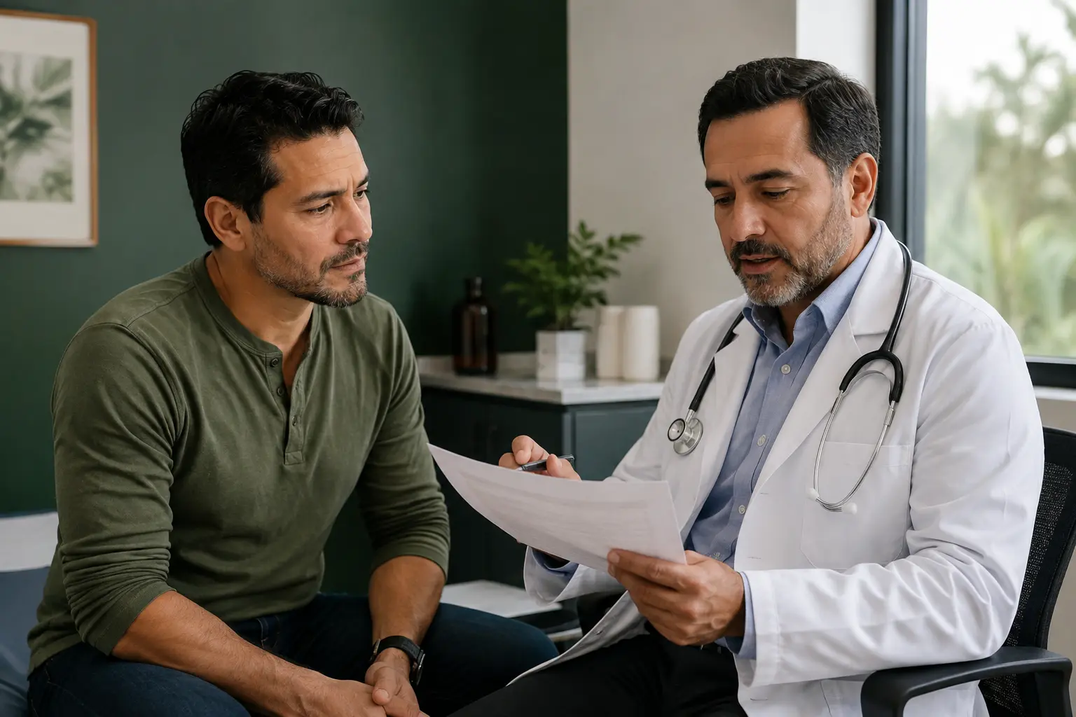 Hombre de mediana edad conversa con un médico durante un chequeo preventivo