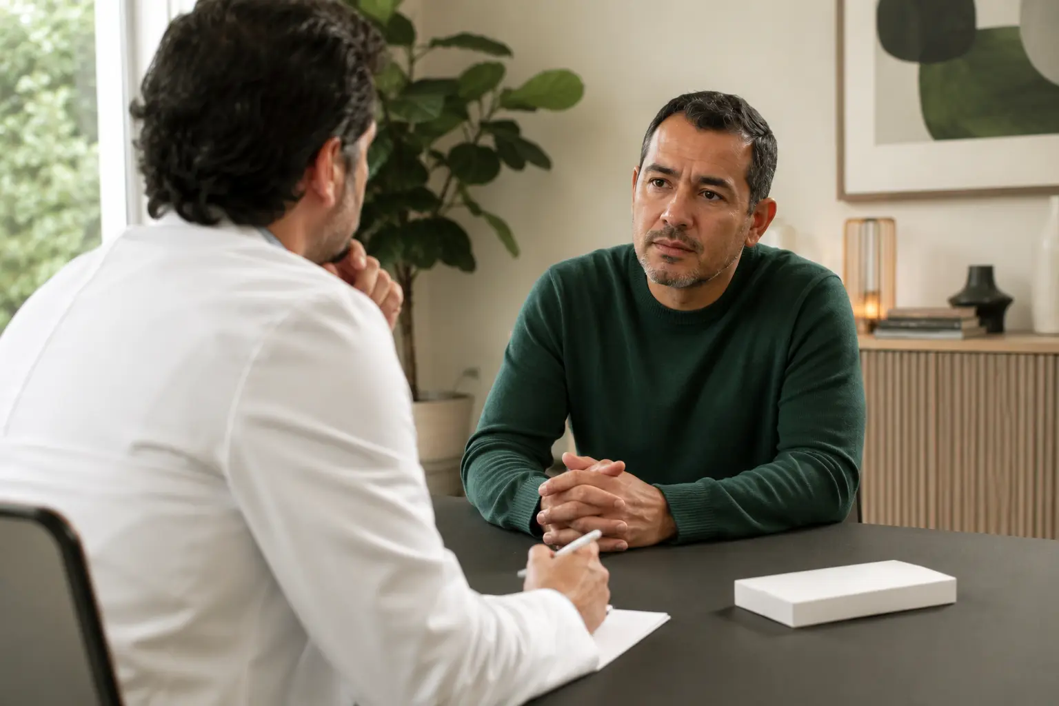 Hombre de 45 años conversa con un médico sobre opciones de detección colorrectal