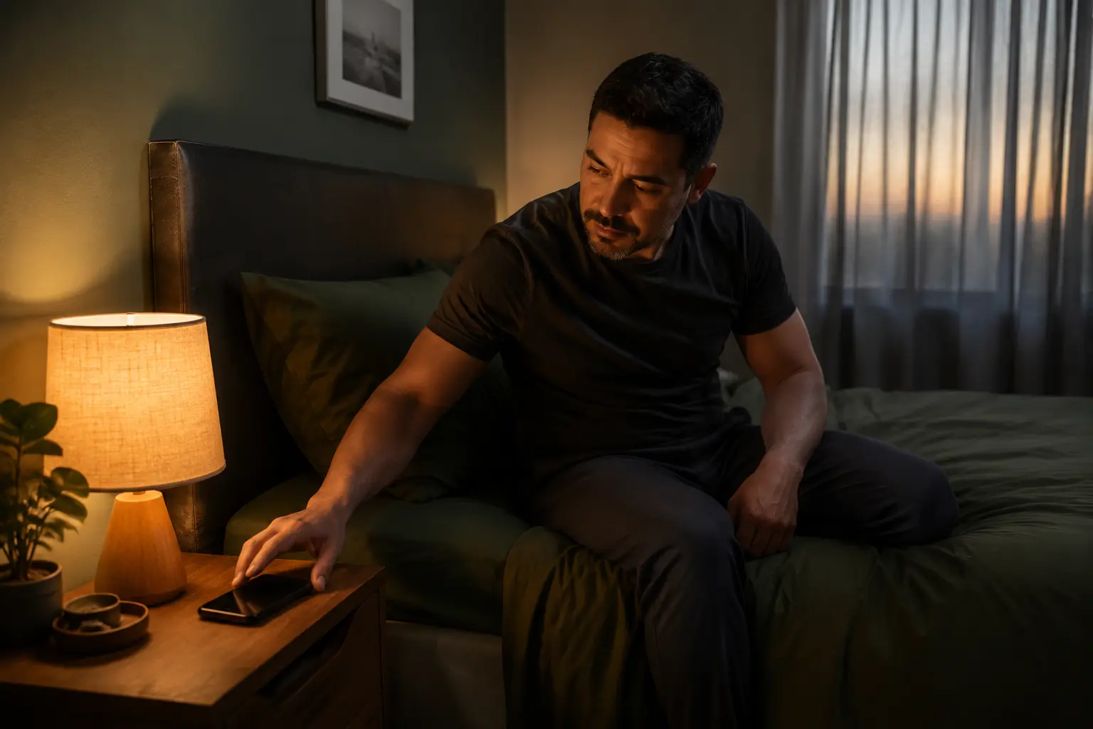 Hombre deja el teléfono antes de dormir en una habitación tranquila