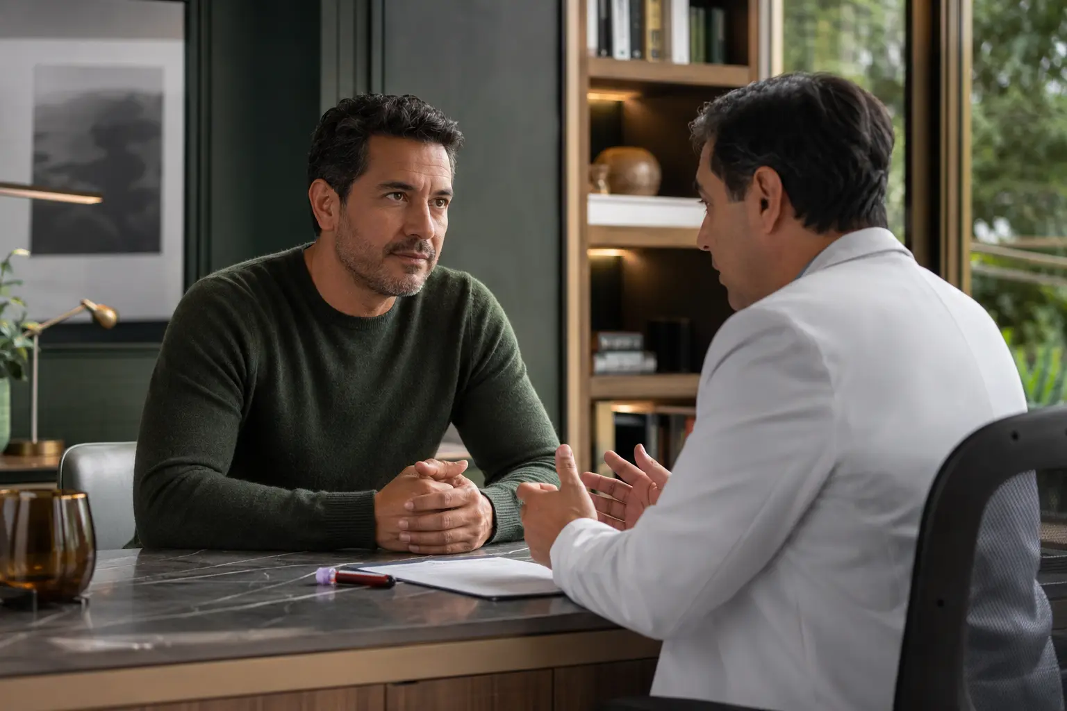 Hombre consulta con un endocrinólogo sobre análisis de testosterona